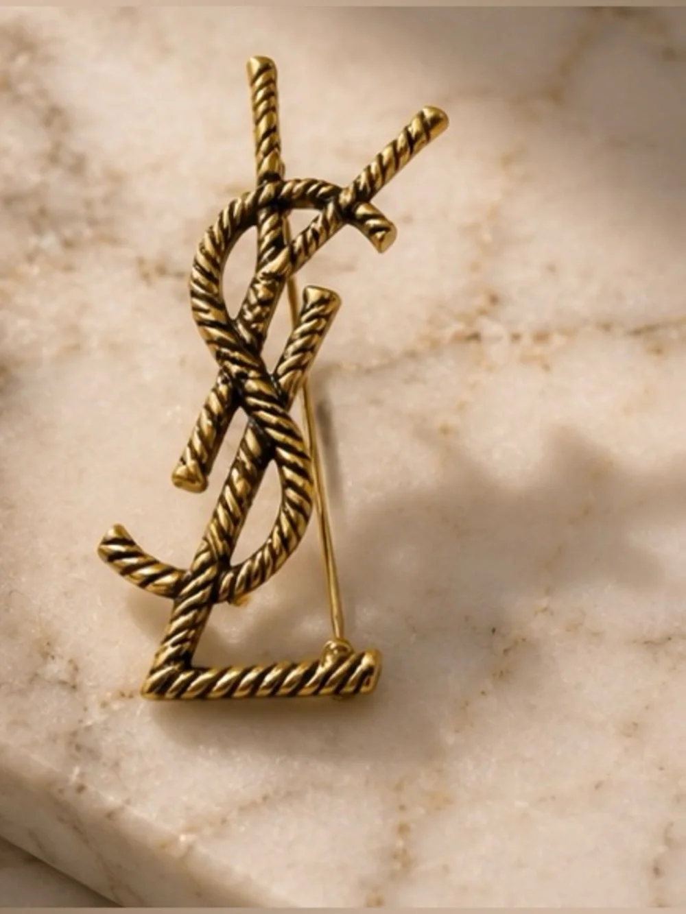 Vintage Style Gold Tone Rope Monogram Statement Brooch Pin